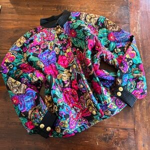 Vintage CAPRICCIO Multi-Color Floral Print Quilted Silk Boho Bomber Jacket 10